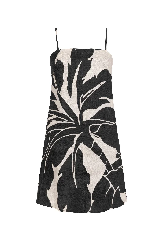 'KU' Linen Mini Dress - Black Print Fashionable Polka Dot Mini Dress