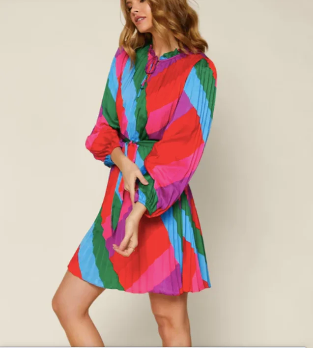 Skies Are Blue Rainbow Stripe Pleated Mini Dress Chic Tropical Mini Dress