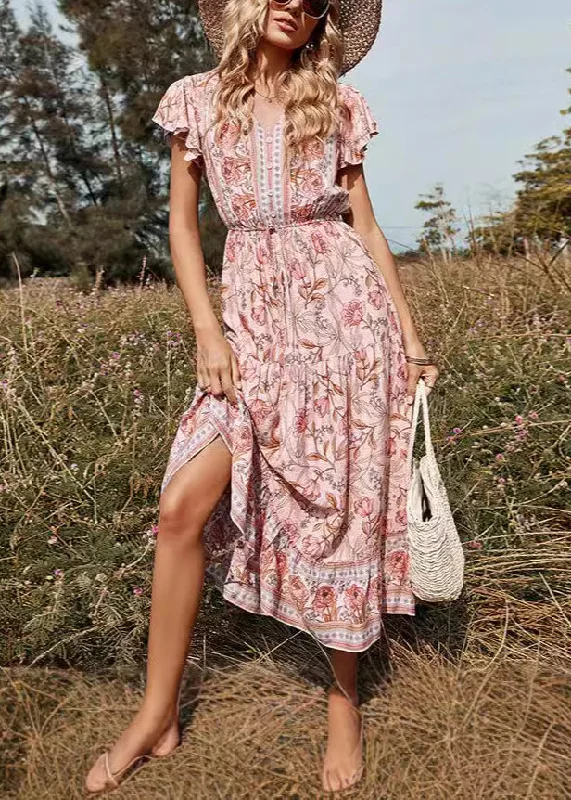 Elegant Pink V Neck Print High Waist Long Dresses Summer AU1033 Tunics Luxurious high-end Elegant Pink V Neck Print High Waist Long Dresses Summer AU1033 Tunics Luxurious high-end