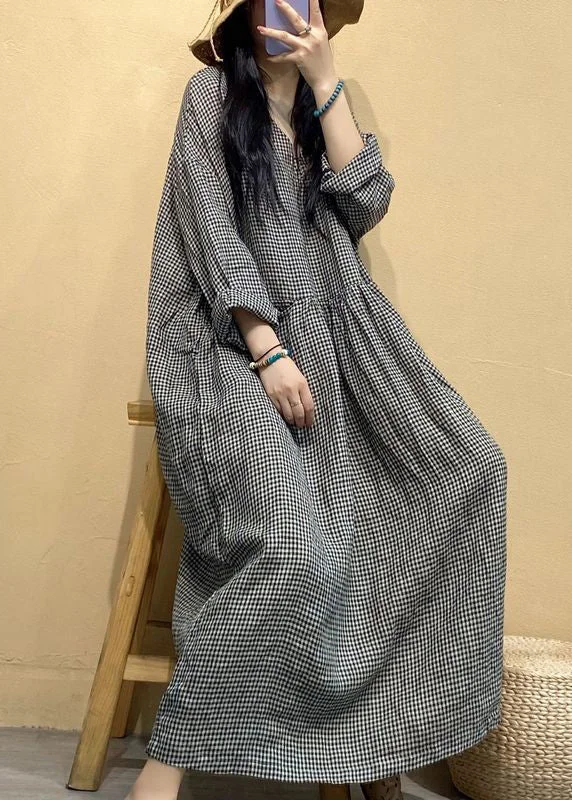 French Small Plaid V Neck Linen Long Dresses Fall AU1054 Tunics Recommended stylist