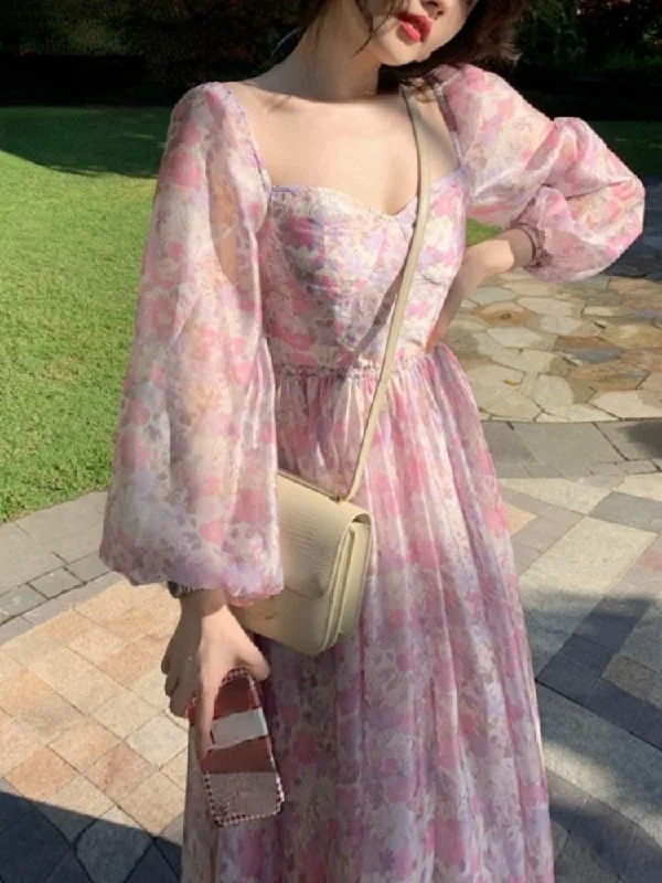 Zjkrl - French Vintage Long Sleeve Dress Woman Fairy Elegnat Floral Midi Dress Evening Party One Piece Korean 2022 Summer Chiffon Beach Tunics Stylish modern Zjkrl - French Vintage Long Sleeve Dress Woman Fairy Elegnat Floral Midi Dress Evening Party One Piece Korean 2022 Summer Chiffon Beach Tunics Stylish modern