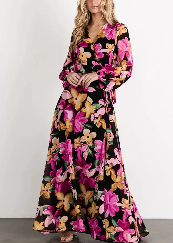 Purple Tie Waist Cotton Long Dress V Neck Long Sleeve AU1023 Tunics Polka dots