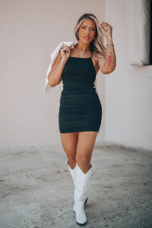 Key West Ruched Mini Dress (Black) FINAL SALE Trendy Cut-Out Mini Dress