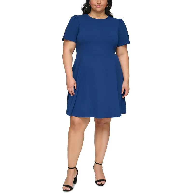 Plus Womens Button Crepe Fit & Flare Dress Cowl Neckline Elegant