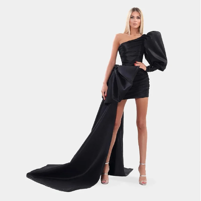 Zjkrl - High End Black Mini Sheath Evening Dresses With Ribbon One Shoulder Puff Sleeves Sexy Short Prom Gowns Beaded Formal Dress Tunics Stylish modern Zjkrl - High End Black Mini Sheath Evening Dresses With Ribbon One Shoulder Puff Sleeves Sexy Short Prom Gowns Beaded Formal Dress Tunics Stylish modern