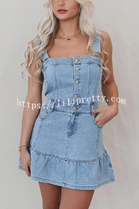 Solid Square Neck Suspender Button Pocket Denim Mini Dress Fashionable Party Mini Dress