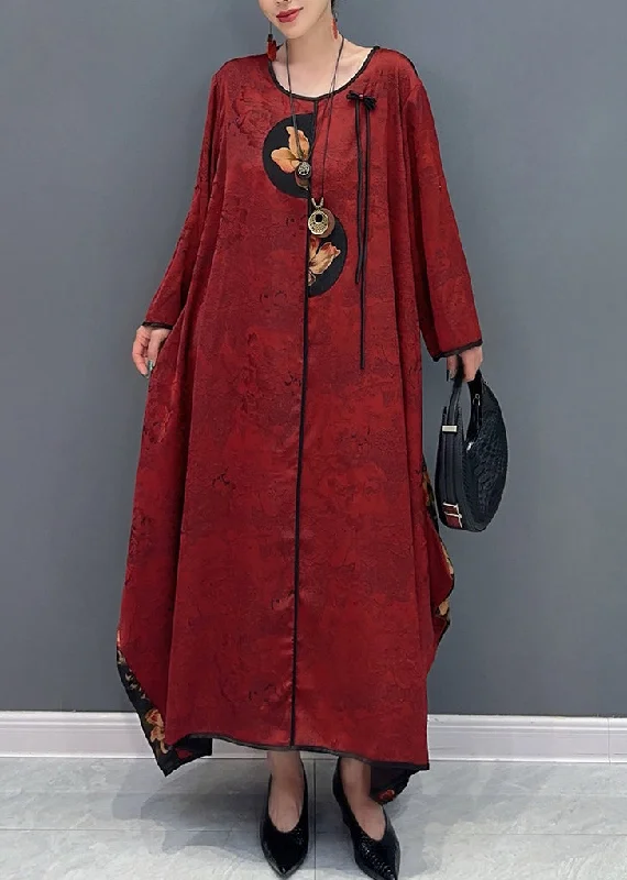 Chinese Style Red O-Neck Patchwork Holiday Silk Long Dress Long Sleeve AO1057 Tunics Yoga stretchy