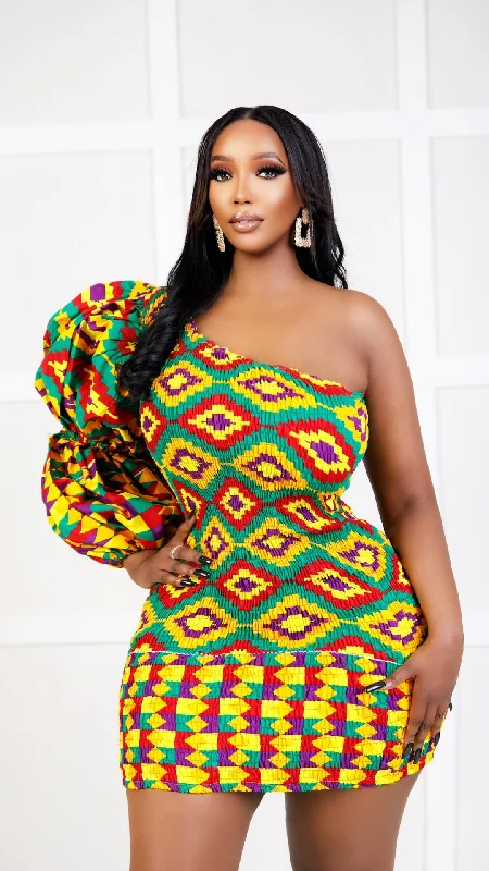 Janice Kente African Print One Shoulder Mini Dress Stylish Ribbed Mini Dress