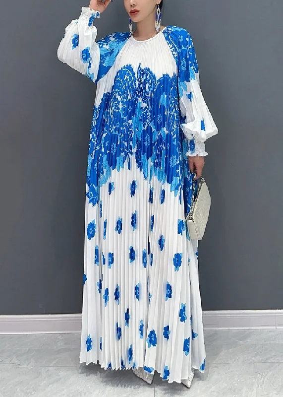 Style White Blue O Neck Print Wrinkled Long Dresses Petal Sleeve AO1001 Tunics Chinos classic