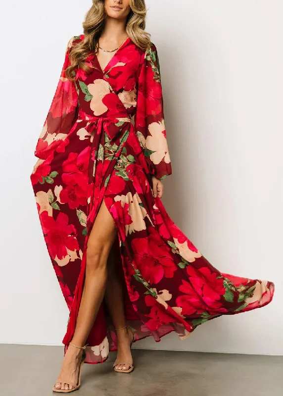 Beautiful Red Print Side Open Cotton Maxi Dresses Fall AU1024 Crew Neckline Sporty
