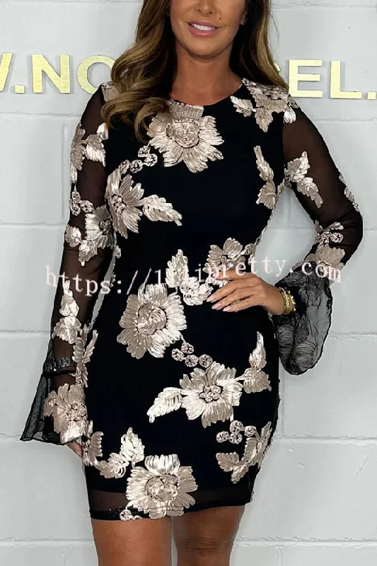 Embroidered Floral Crewneck Long Sleeve Fitted Mini Dress Elegant Velvet Mini Dress