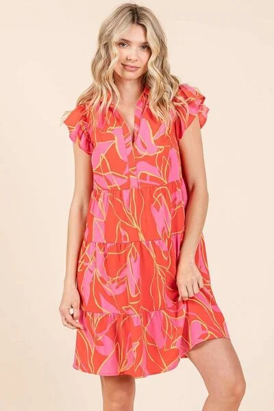 Mittoshop Leaf Print Ruffle Sleeve Tiered Mini Dress Elegant Sequin Mini Dress