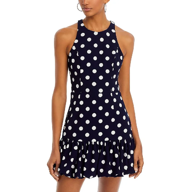 Womens Polka Dot Ruffle Mini Dress Boat Neckline Classic