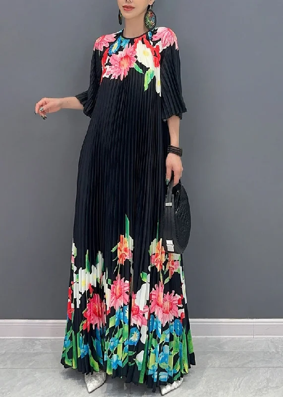 Classy Black O-Neck Print Flattering Maxi Dresses Half Sleeve AO1039 Tunics Summer linen