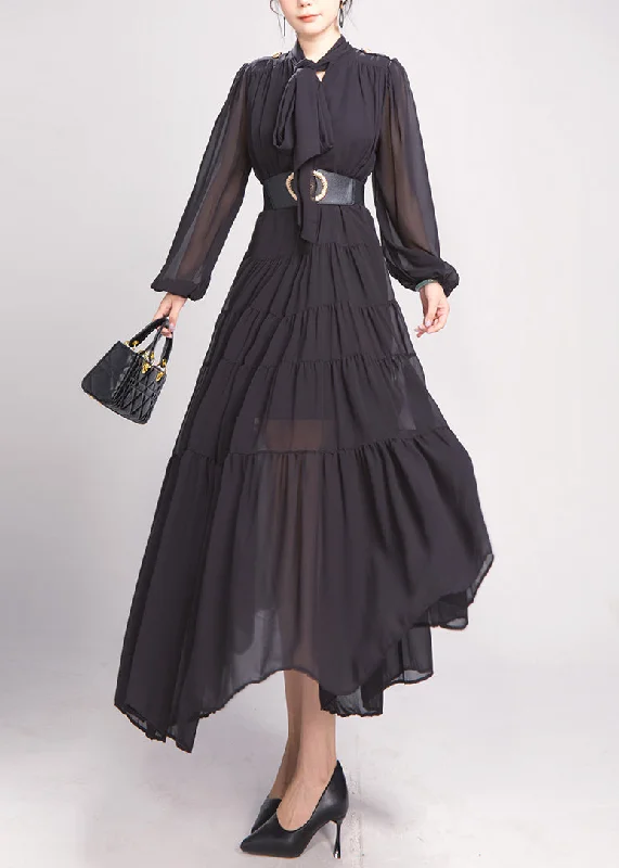 Black Bow Wrinkled Chiffon Maxi Dress Long Sleeve AO1043 Tunics Trendy modern