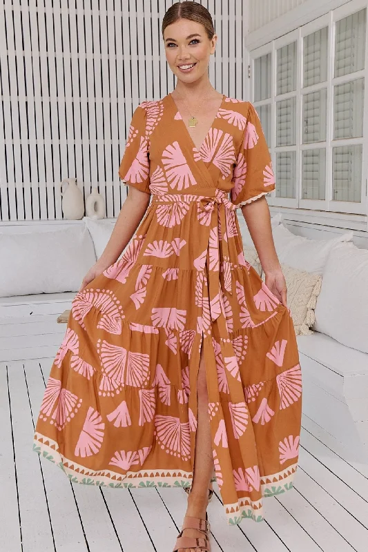Luna Wrap Maxi Dress - Caramel/Pink Tunics Leisure comfortable