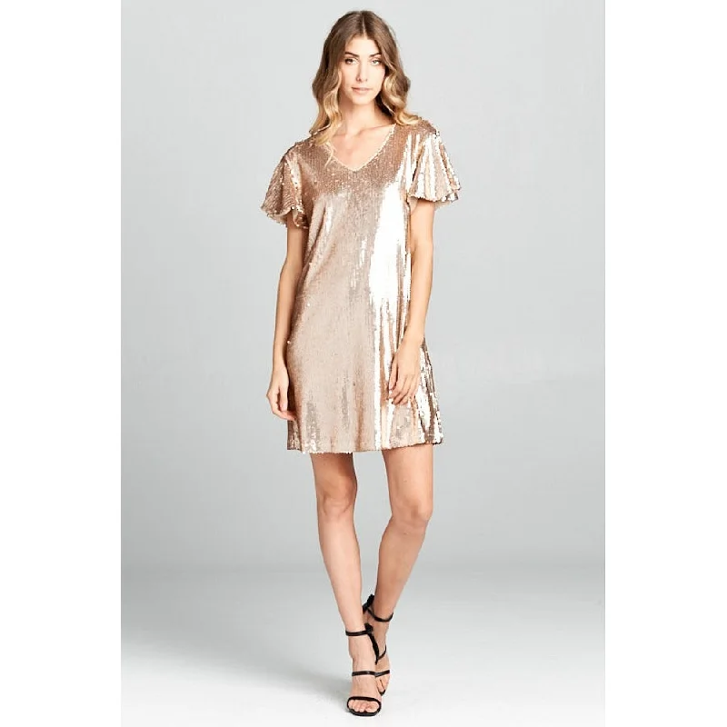 Rose Pink Sequin Shift Mini Dress Cozy Knit Mini Dress