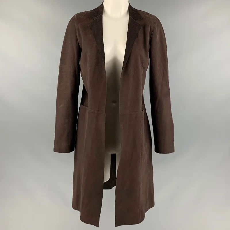 MARNI Size 4 Brown Suede Open Front Coat Print Jacquard Embroidered