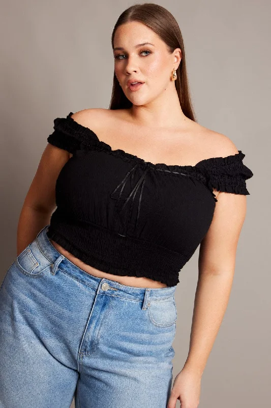 Black Crop Top Short Sleeve Shirred Waist Solid Color Striped Floral