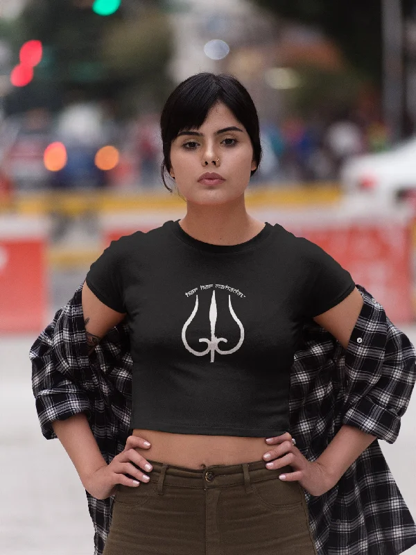 Crop Top for Ladies ( Har Har Mahadev White Trident ) Mesh Canvas Denim