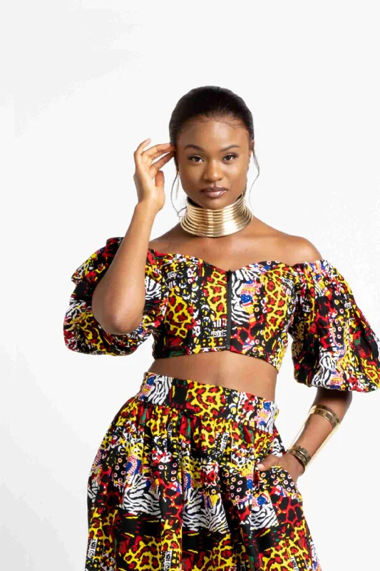 REBECCA African Print Women's Crop Top Denim Fabric Leather Fabric Suede Fabric