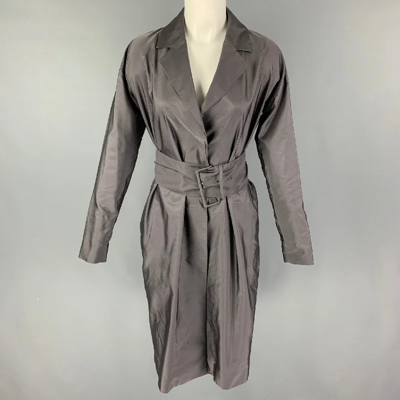 PRADA Size 4 Grey Silk Belted Coat Shawl Collar Notch Collar Lapel Collar
