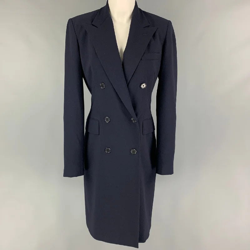 RALPH LAUREN Size 6 Navy Wool Double Breasted Coat Herringbone Houndstooth Plaid