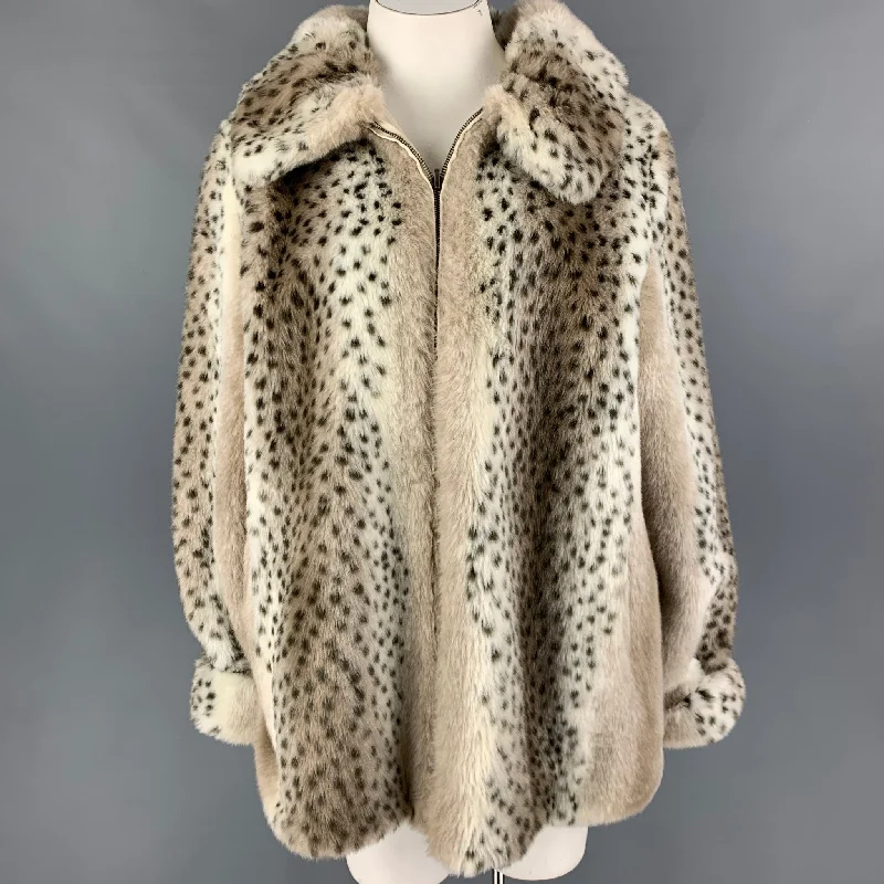 DENNIS BASSO Size L Cream Brown Polyester Animal Print Faux Fur Zip Up Coat A-Line Ball Gown Mermaid DENNIS BASSO Size L Cream Brown Polyester Animal Print Faux Fur Zip Up Coat A-Line Ball Gown Mermaid