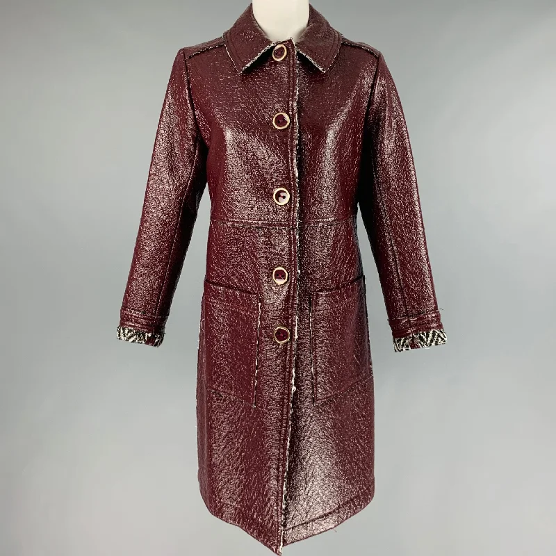 TRINA TURK Size 2 Burgundy Black White Cotton Blend Spread Collar Coat Asymmetrical Collar Hooded Zippered