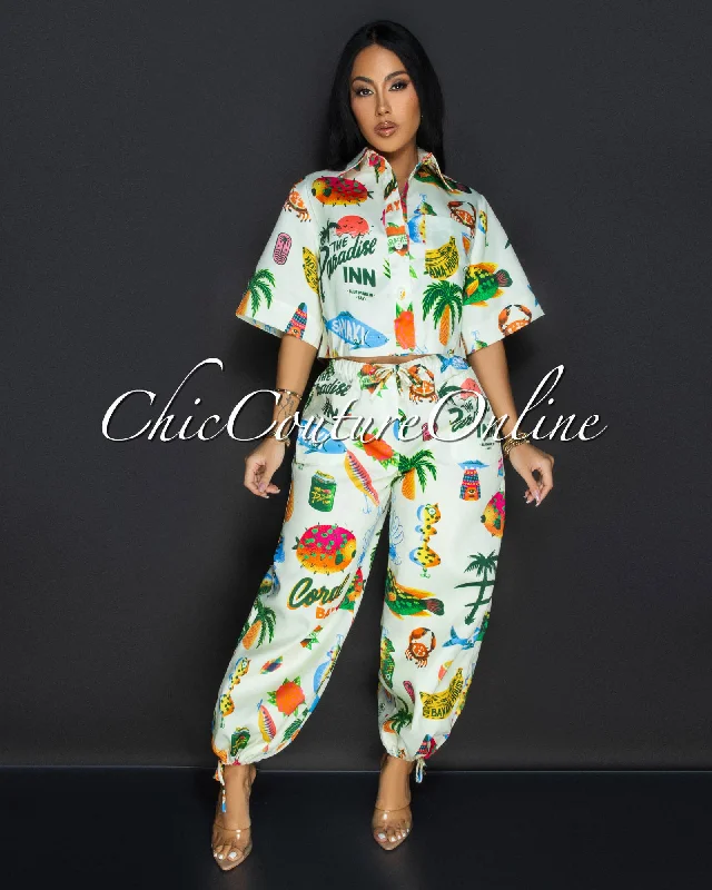 Koah Cream Tropical Crop Top & Joggers Set Casual Formal Business