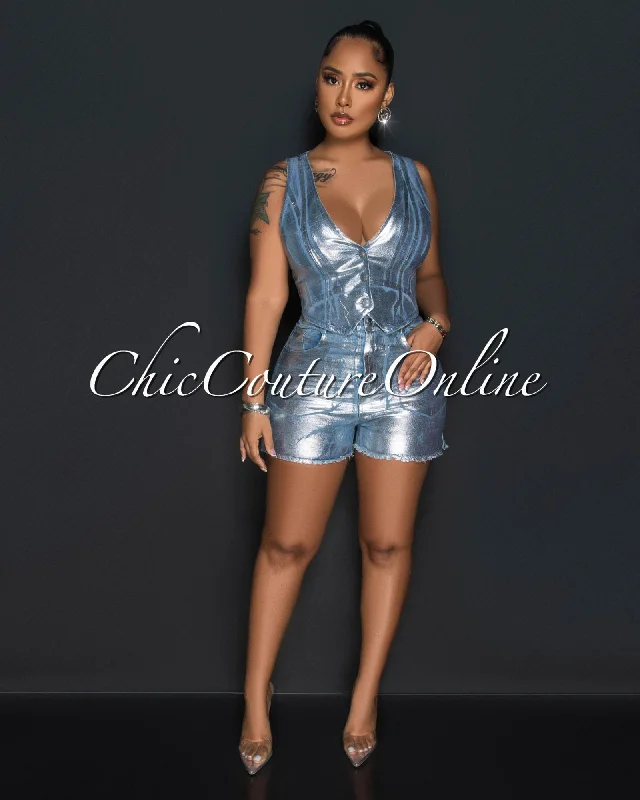 Rayanne Light Denim Silver Foil Crop Top & Shorts Set Crop Top Seamless Stretchy