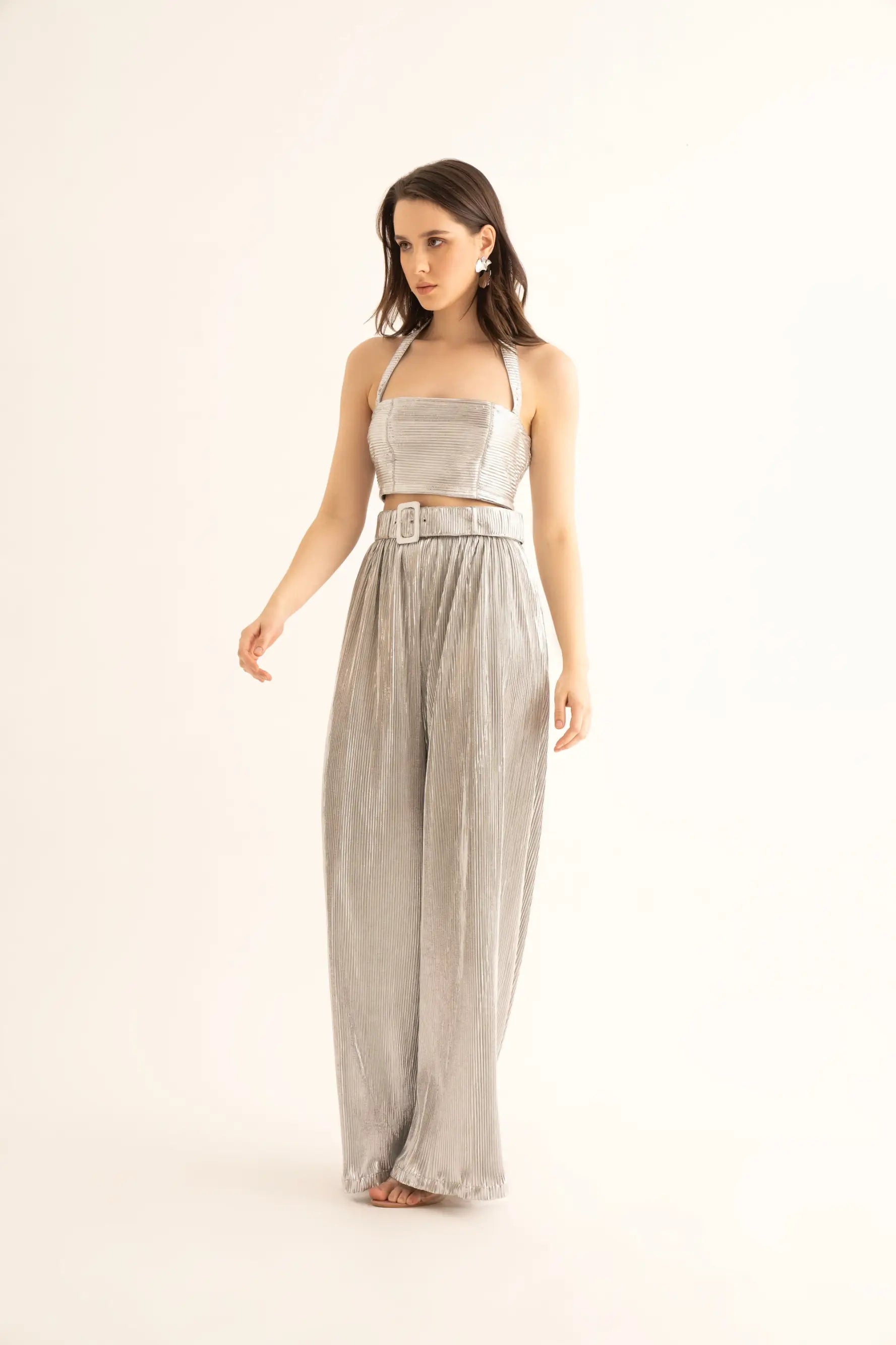Silver Pleated Crop Top and Belted Pants Co-ord Set Striped Floral Plaid