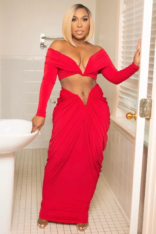 Sheila Lux Crop Top And Maxi Skirt Set-Bold Red Polka Dot Checkered Tartan