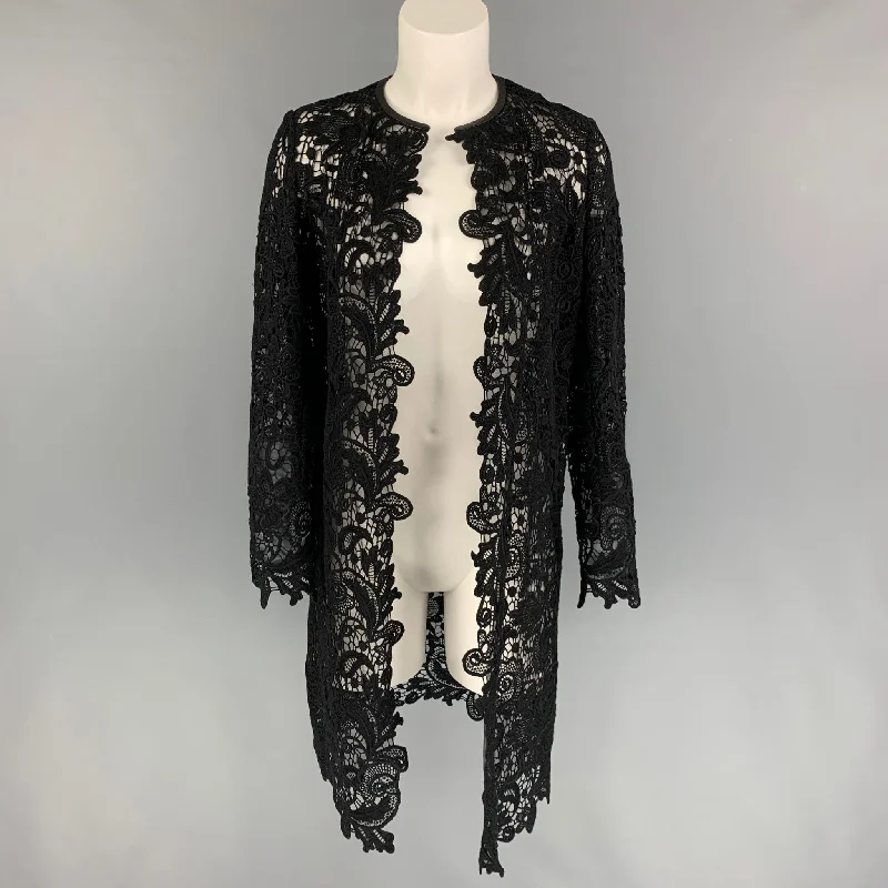 RALPH LAUREN Black Label Size 4 Black Cotton Lace Leather Trim Open Front Coat Bolero Crop Top Camisole RALPH LAUREN Black Label Size 4 Black Cotton Lace Leather Trim Open Front Coat Bolero Crop Top Camisole