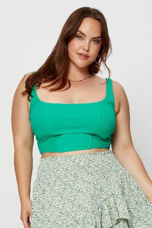 Green Crop Top Square Neck Slevless Corset Front Pockets Side Pockets Patch Pockets