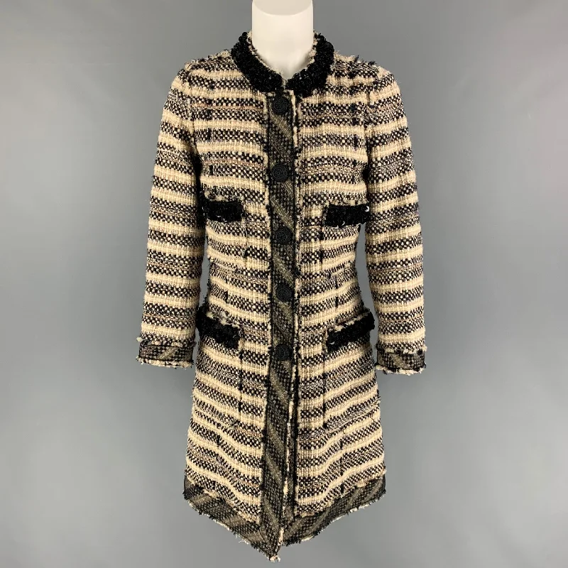 MARC JACOBS Size 4 Beige Black Wool Tweed Collarless Coat Stand-Up Roll-Neck Turtle