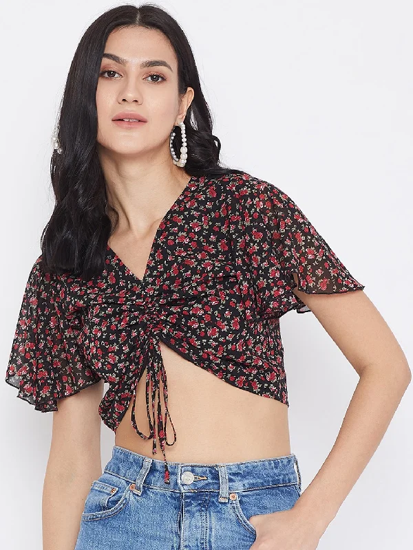 Berrylush Women Navy Blue & Red Floral Printed V-Neck Front Tie-Up Gathered Crop Top Print Jacquard Patchwork Berrylush Women Navy Blue & Red Floral Printed V-Neck Front Tie-Up Gathered Crop Top Print Jacquard Patchwork