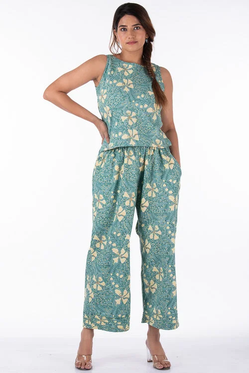 Dharan "Raag Crop Top" Green Block Printed Top Beaded Sequined Faux Fur