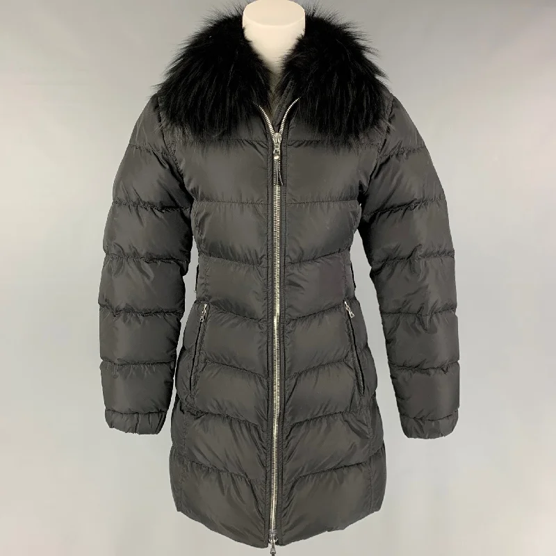 PRADA Size 2 Black Nylon Fox Collar Coat Blazer Duffle Coat Pea Coat