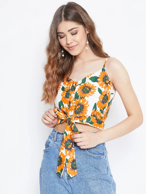 Berrylush Women Yellow & White Sunflower Printed Tie-Up Crop Top Zippered Front Buttoned Front Snap Front Berrylush Women Yellow & White Sunflower Printed Tie-Up Crop Top Zippered Front Buttoned Front Snap Front