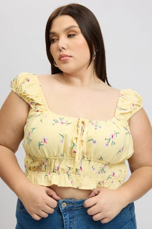 Yellow Ditsy Crop Top Short Sleeve Ruched Bust Welt Pockets Slit Pockets Flap Pockets Yellow Ditsy Crop Top Short Sleeve Ruched Bust Welt Pockets Slit Pockets Flap Pockets