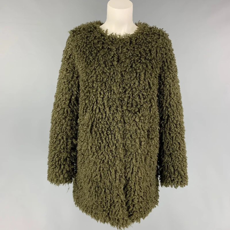 LOVE TOKEN Size S Olive Polyester Textured Collarless Coat Elasticated Drawstring Belted LOVE TOKEN Size S Olive Polyester Textured Collarless Coat Elasticated Drawstring Belted