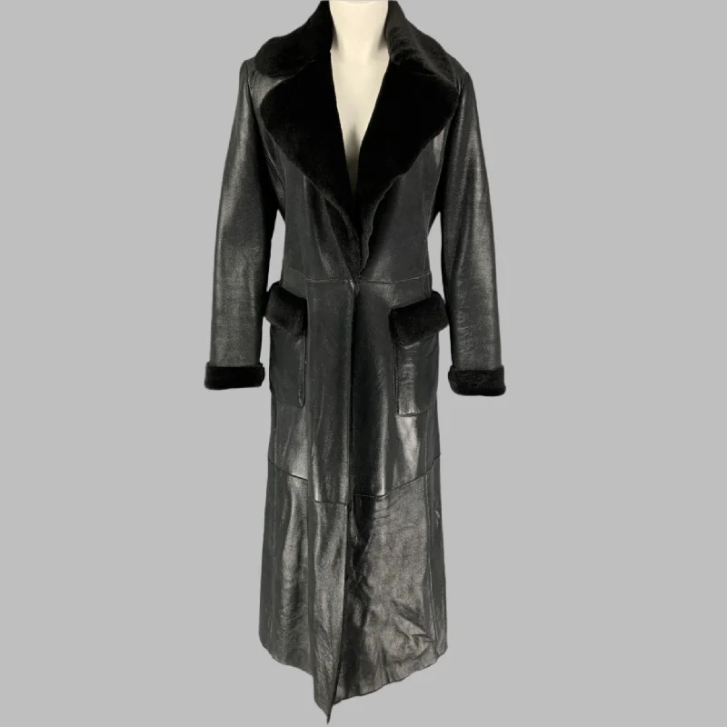 VALENTINO Size 10 Black Shiny Lamb Shearling Coat Tailored Straight A-Line