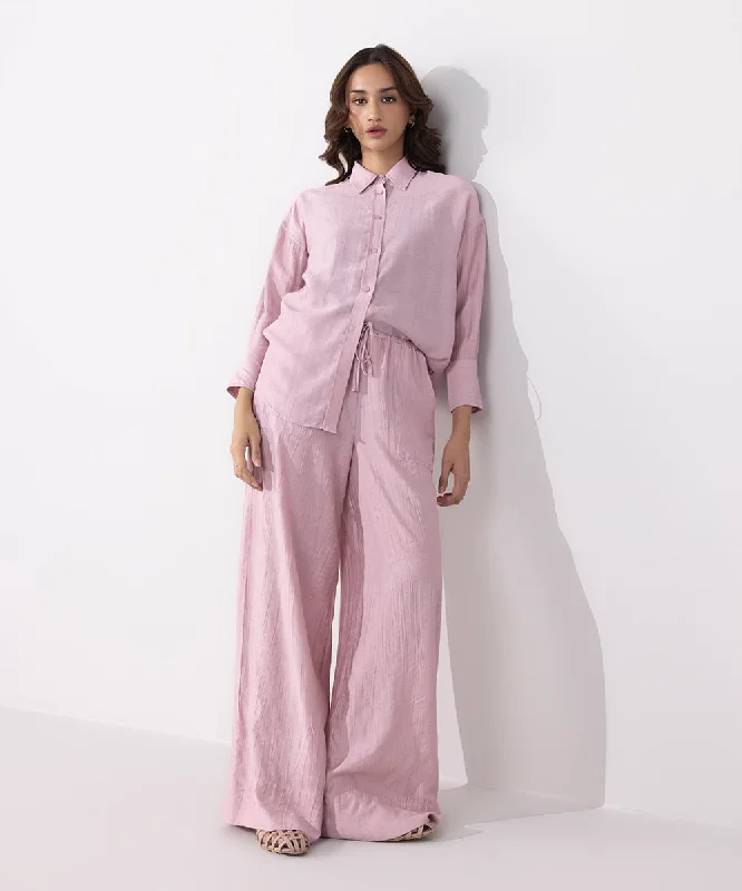 Wide Leg Textured Trousers Trousers Elastic Waist Soft