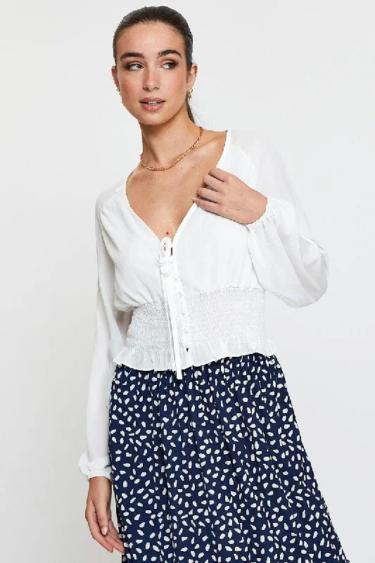 White Crop Top Long Sleeve V-Neck Zippered Buttoned Snapped