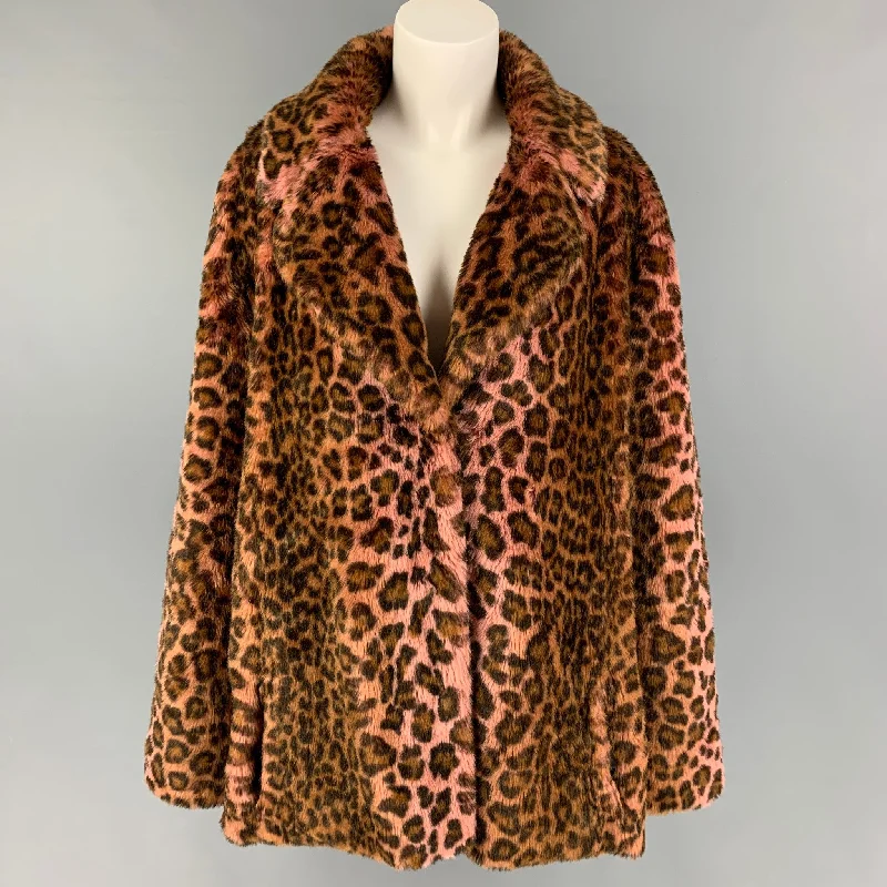 UNREAL FUR Size XL Brown Pink Modacrylic Animal Print Coat Cotton Linen Terry