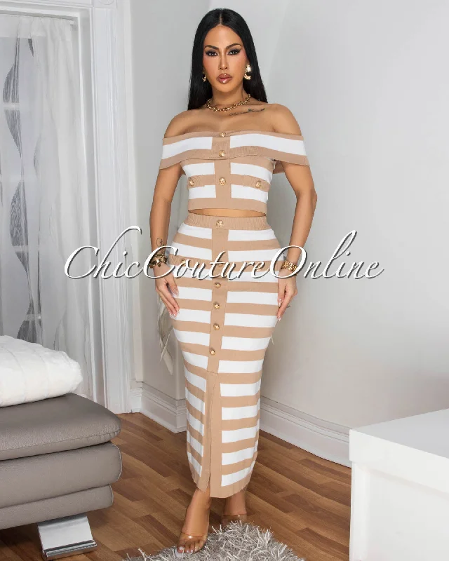 Mena Off-White Taupe Stripes Crop Top & Skirt Set Notch Collar Peter Pan Collar Cowl Neck Mena Off-White Taupe Stripes Crop Top & Skirt Set Notch Collar Peter Pan Collar Cowl Neck