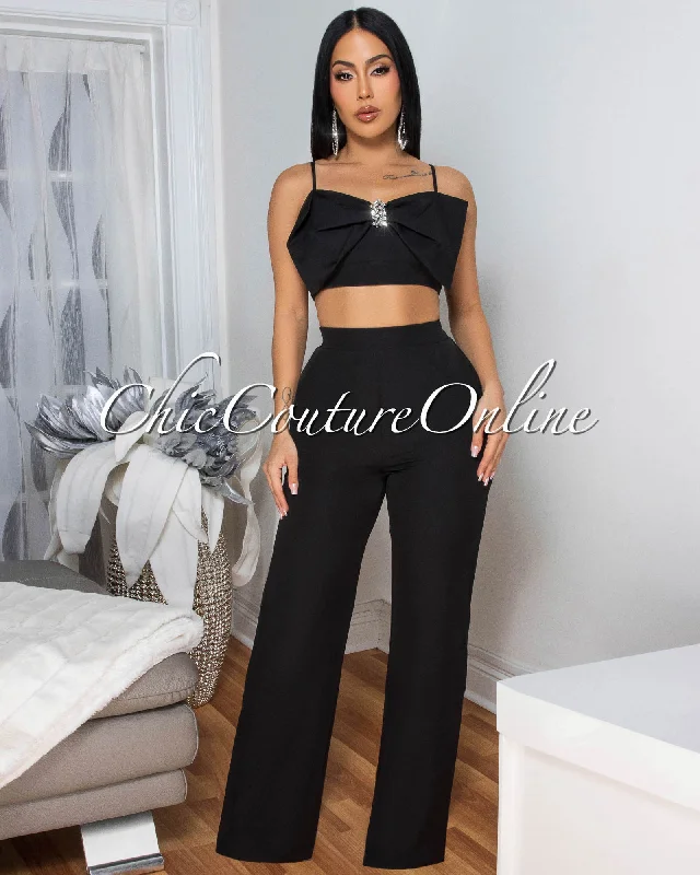 Jeannie Black Crop Top Pants Set Ribbed Crop Top High Neck Heavyweight