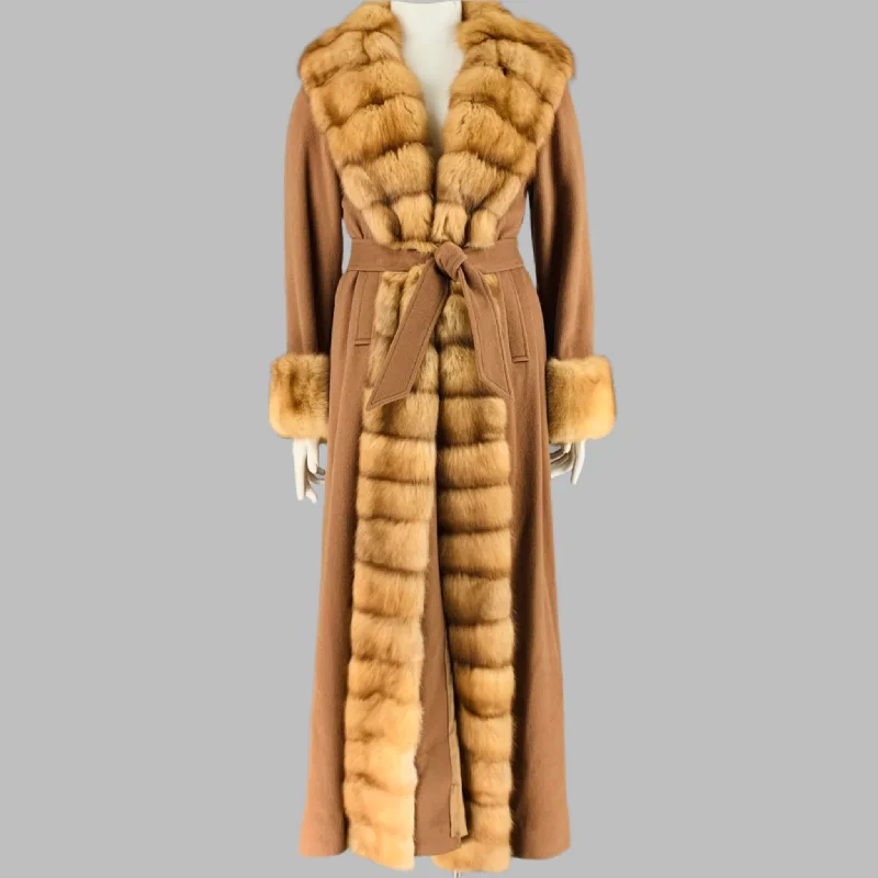 VINTAGE Size M Camel Cashmere Fur Belted Coat Peter Pan Collar Cowl Neck Turtleneck