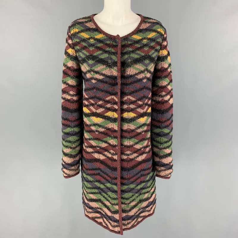 M MISSONI Size 6 Multi-Color Wool Knitted Snaps Coat Sequined Lace Ribbed
